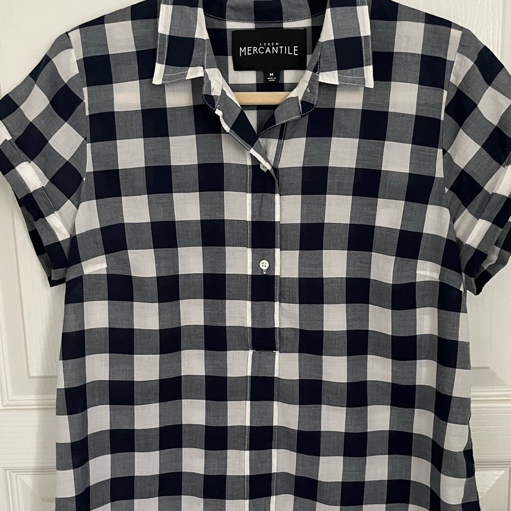 J. Crew Navy and White Checkered Blouse SZ MED